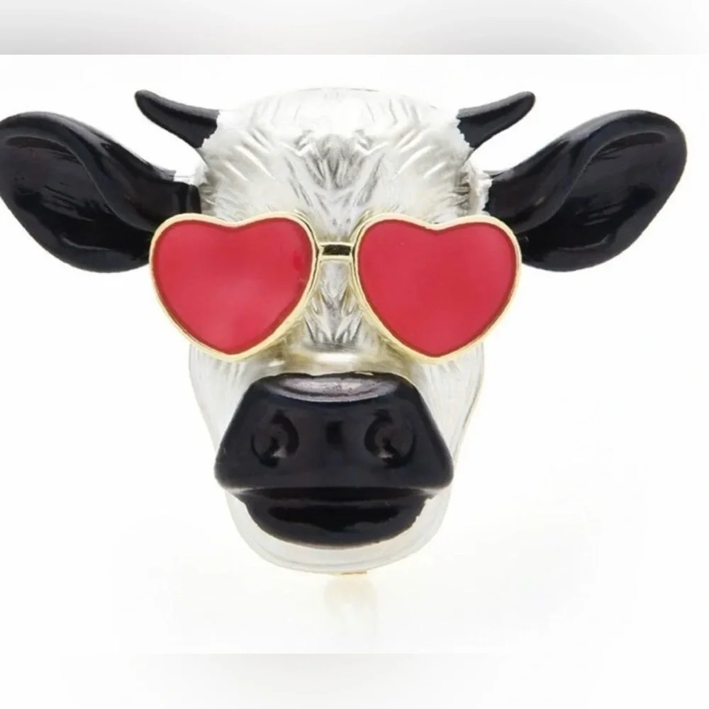 Cow Head Pin with Heart Sunglasses - White, Black & Red